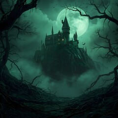 Mysterious Castle on Hill with Fog and Dark Tree Roots Foreground