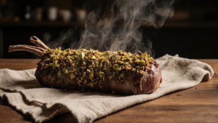 A steaming, savory roasted rack of lamb, crusted with pistachios, on a linen cloth