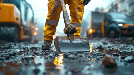 Construction Worker on a Rainy Day, Repairing Damaged Road
