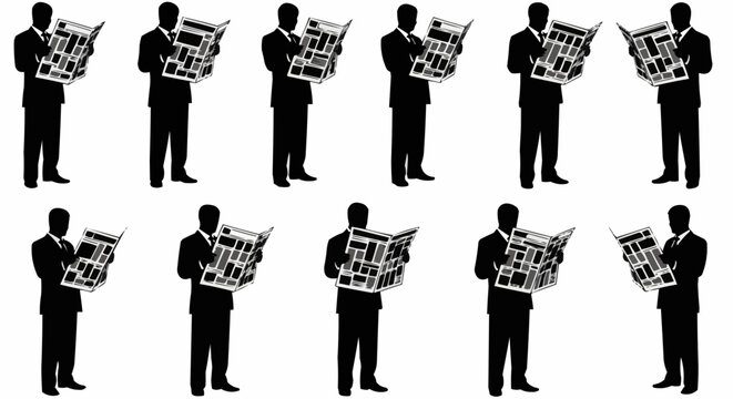 Silhouette pattern of business people reading newspapers in a repetitive and organized arrangement style