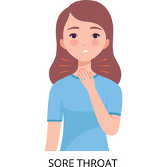Woman experiencing a sore throat with red inflammation visible on her neck against a transparent background representing illness and discomfort.