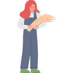 Woman Farmer Holding Wheat Stalks Wearing Blue Overalls And Green Boots With Red Hair In A Studio Shot On A White Background