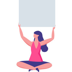 Woman Holding Blank Sign Above Head Sitting Cross Legged Wearing Pink Tank Top and Blue Bottoms with Dark Purple Hair and White Background