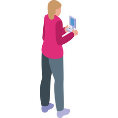 Woman Holding A Small Laptop Computer In A Standing Pose With Pink Sweater And Blue Pants On A Transparent White Background