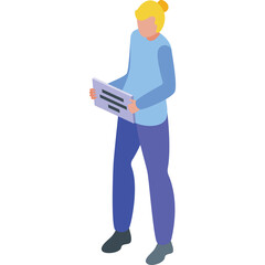 Woman Holding Document With Text In Isometric View With Transparent Background Light Blue Shirt Purple Pants Standing