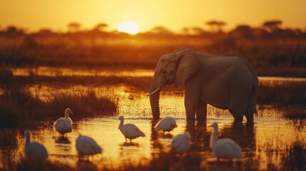 African Sunset: Elephant and Birds at Golden Hour