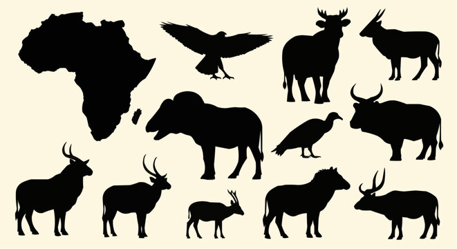 Silhouette of africa continent with various african animals wildlife and birds in black color illustration