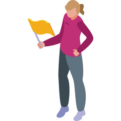 Woman Holding Yellow Flag in Magenta Sweatshirt and Blue Pants Standing with Transparent Background