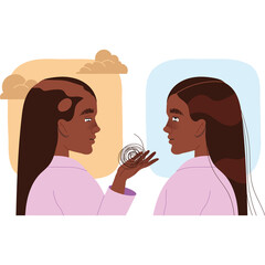 Woman Illustrates Hair Loss and Regrowth Progress Side by Side Comparing Balding Patches to Healthy Hair Growth Against Softly Colored Backgrounds and Cloudy Sky Motifs
