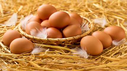 Farm natural chicken eggs in a basket on a straw background.