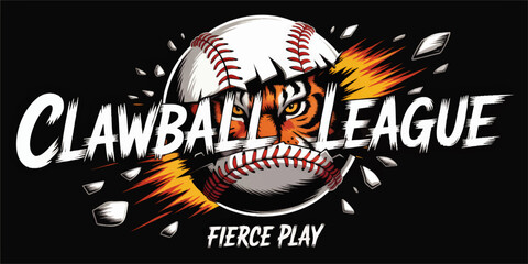 Fierce Tiger Baseball Mascot Illustration Clawball League Logo Design, Exploding Sports Ball, Dynamic Typography on Black Background