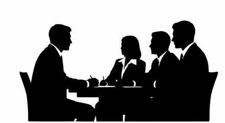 Silhouette of four business people sitting at a table in a meeting or conference room discussion setting