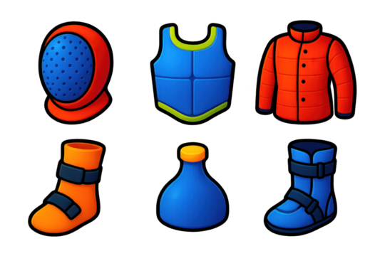 Safety Equipment Icons. 3D icon set of safety equipment: fencing mask, chest plate, padded jacket, wrist protector, weapon tip