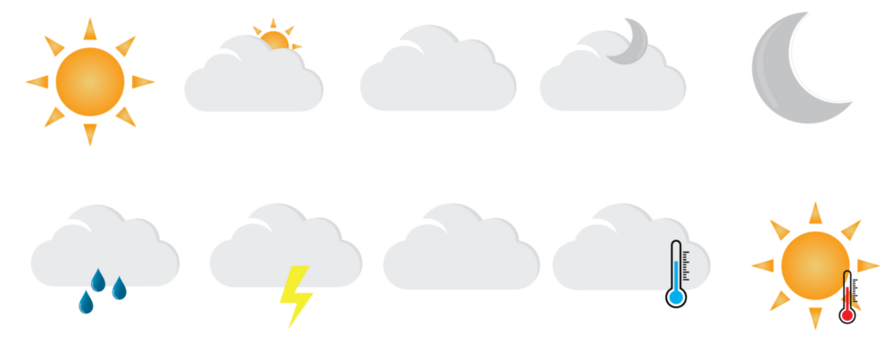 All weather icons set isolated on white background, collection of meteorology symbols including sun, cloud, rain, snow, thunderstorm, wind, and temperature icons for forecast, climate, and app design