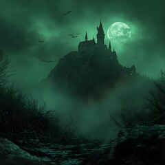 Gothic Castle on Cliff with Giant Green Moon and Flying Batas