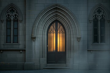 Mysterious Gothic Architecture with Illuminated Doorway at Night.