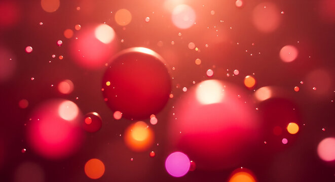 Abstract Red Spheres and Bokeh Effect Background, Blurry Light Particles, Festive Celebration, Modern Design.
