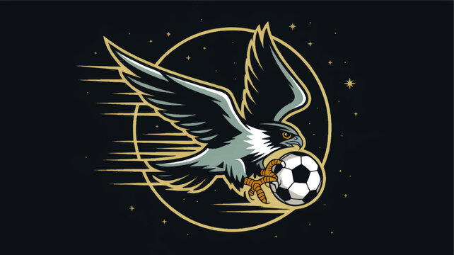 Dynamic Falcon Mascot Flying with Soccer Ball - Modern Sports Team Logo, Night Sky, Vector Illustration