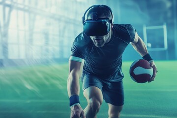 Virtual reality athlete trains with a football indoors in a modern sports facility
