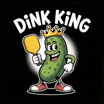 Dink King pickleball mascot cartoon green pickle character gold crown yellow paddle red sneakers spot glow black background stock vector
