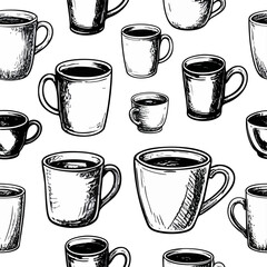 Seamless pattern of hand-drawn coffee mugs in black and white sketch style. Perfect for cafe branding, packaging, menu design, kitchen decor, textile prints, or coffee-themed backgrounds.