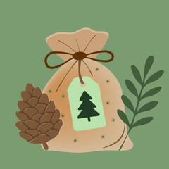 Stylized vector illustration of a rustic drawstring gift pouch decorated with a pine tree tag, a natural pinecone, and evergreen branches against a muted sage green background, perfect for Christmas p