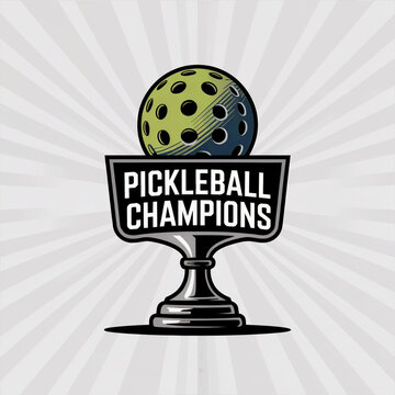 Pickleball champions trophy cup topped halved green black pickleball on ornate stand gray gradient shadow base
