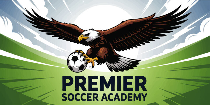 Bold Eagle Mascot Holding Soccer Ball on Green Field | Dynamic Sports Academy Logo Design for Youth Team Branding