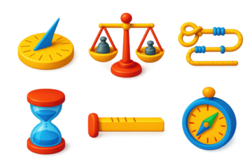 Primitive Measuring Icons. 3D icon set of primitive measuring devices: sundial, balance scale with stone weights, rope knot ruler,