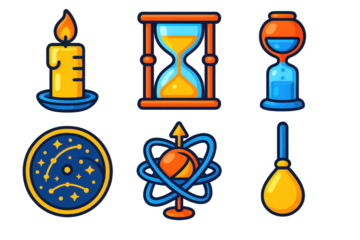 3D Timekeeping Icons. 3D icon set of old timekeeping devices: candle clock with notches, sand-filled hourglass, water drip clock,