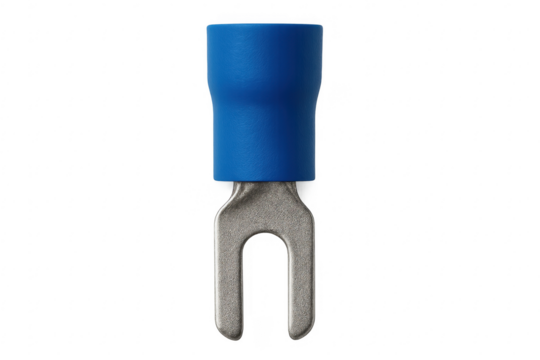 Blue insulated fork spade electrical wire connector - Powered by Adobe