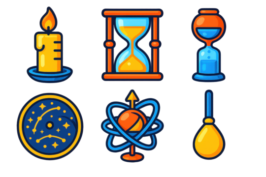 3D Timekeeping Icons. 3D icon set of old timekeeping devices: candle clock with notches, sand-filled hourglass, water drip clock,