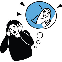 Stressed Man Clutching Head Thinking About Holding a Newborn Baby with Hopeful Expression in a Blue Circular Thought Bubble against a White Background with Black Abstract Shapes