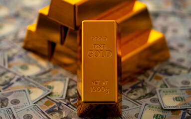 Gold bar and money. Gold bars for savings capital. Dollars money and gold concept.