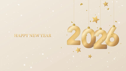 Happy New Year 2026 calligraphy with golden confetti and star on beige color background have blank space.