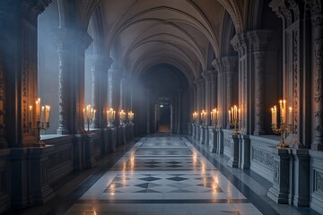 Mystical Hallway with Candlelight and Architectural Grandeur.
