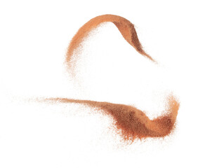 brick Sand flying explosion, ground sands grain wave explode. Abstract cloud fly. Orange colored sand splash throwing in Air. White background Isolated high speed shutter, throwing freeze