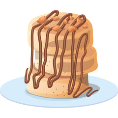 Stack of Fluffy Golden Brown Pancakes Drizzled with Rich Chocolate Syrup and Topped with Chopped Nuts on a Light Blue Plate