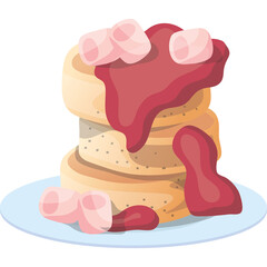 Stack of Fluffy Pancakes Topped with Pink Marshmallows and Red Strawberry Sauce on a Light Blue Plate Detailed Pixel Art Style Food Illustration