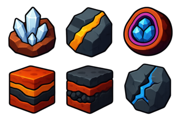 Mineral Vein Icons. 3D icon set of mineral veins and deposits: quartz crystal pocket, gold vein in rock, iron ore layer, gemstone