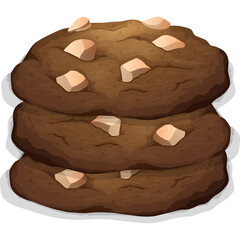 Stack of three chocolate chip cookies with light brown chips on a white background studio shot with soft shadows