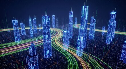Glowing digital city with streams of data representing technology, connectivity, and the future of urban infrastructure