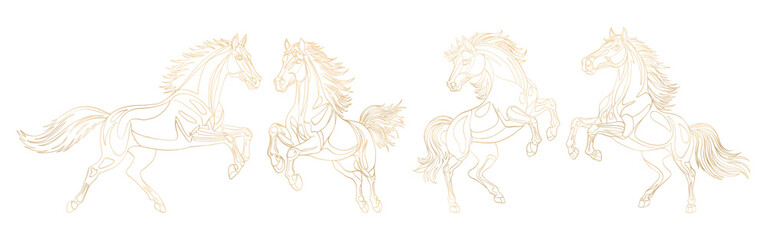 line art gold Horse in a dynamic pose. Symbol of Chinese New Year 2026. Horse standing on its hind legs. Design element for cards, postcards, invitations, calendar for 2026.