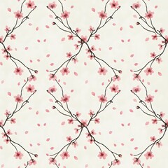 Seamless pattern with pink cherry blossoms and falling petals, Japanese style.