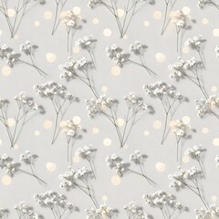 Seamless pattern with white gypsophila flowers and bokeh lights.