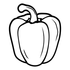 Vector line art illustration of bell pepper in black and white, showing smooth curves and stem details, ideal for botanical sketches, coloring pages, or healthy food design.
