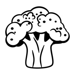 Vector line art illustration of broccoli in black and white, showing detailed florets and stem structure, perfect for botanical sketches, healthy food art, or farm design projects.