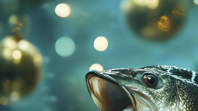 The fish emerges from the water, its mouth open, revealing sharp teeth as it tries to catch prey. This fish's glistening scales and fierce gaze capture the vibrant energy of underw