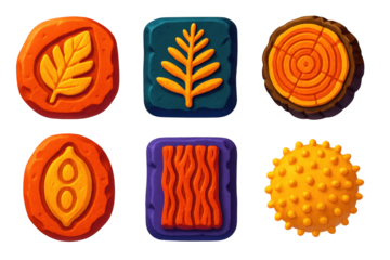 Fossilized Plant Icons. 3D icon set of fossilized plant parts: leaf imprint in stone, carbonized fern fossil, petrified wood cross