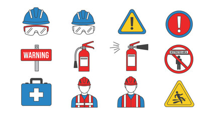 Safety equipment and warning signs collection for construction and hazard protection